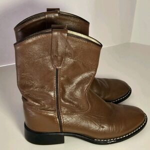 Old West Kids Brown Leather Western Cowboy Boot Round Toe‎ Size 10 Unisex
